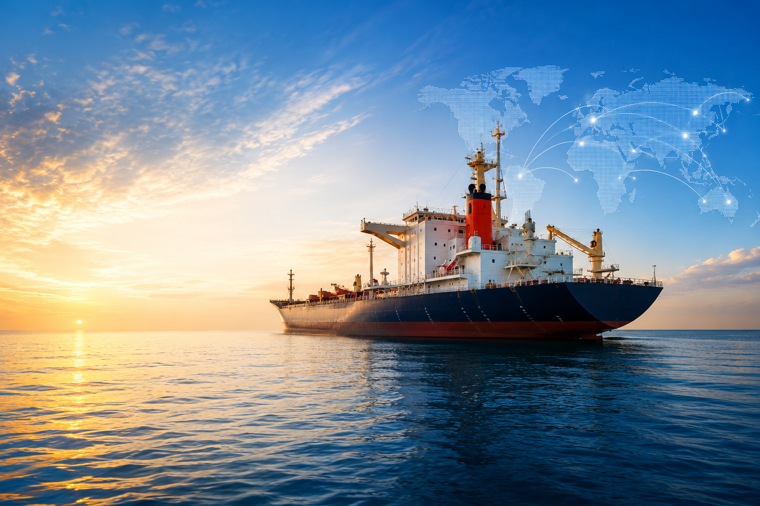 Cargo vessel at sunrise with global network overlay